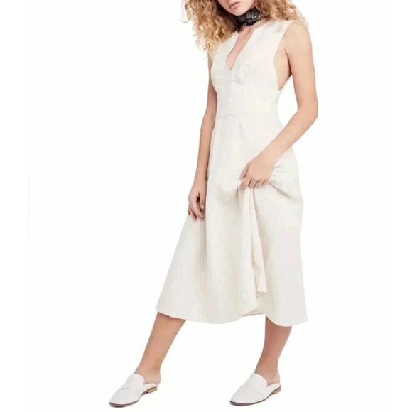 Free People Womens Sleeveless Split V Neck Pinstripe Midi Dress Ivory Sz M - Picture 1 of 16